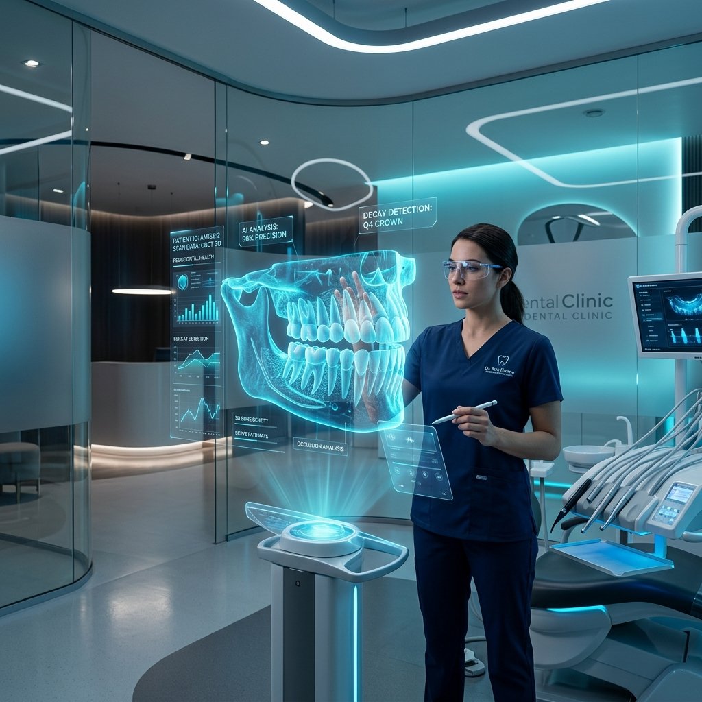 Futuristic dental clinic with AI holographic diagnostics and precision 3D modeling