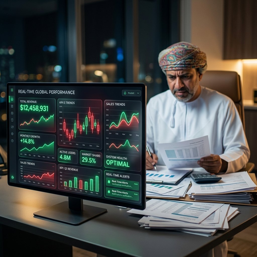 مدير محبط ينظر إلى تقارير ورقية مع لوحة تحكم ذكاء اصطناعي تفاعلية أنيقة في المقدمة
