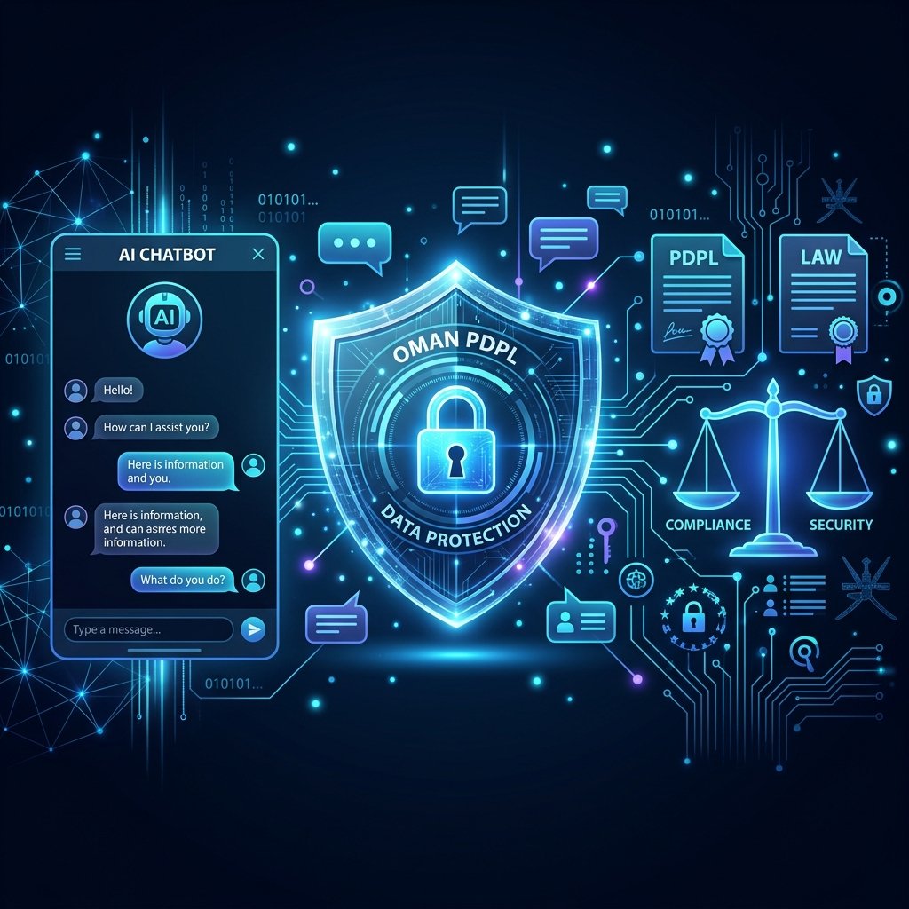 Oman PDPL compliance shield with AI chatbot interface and legal documents