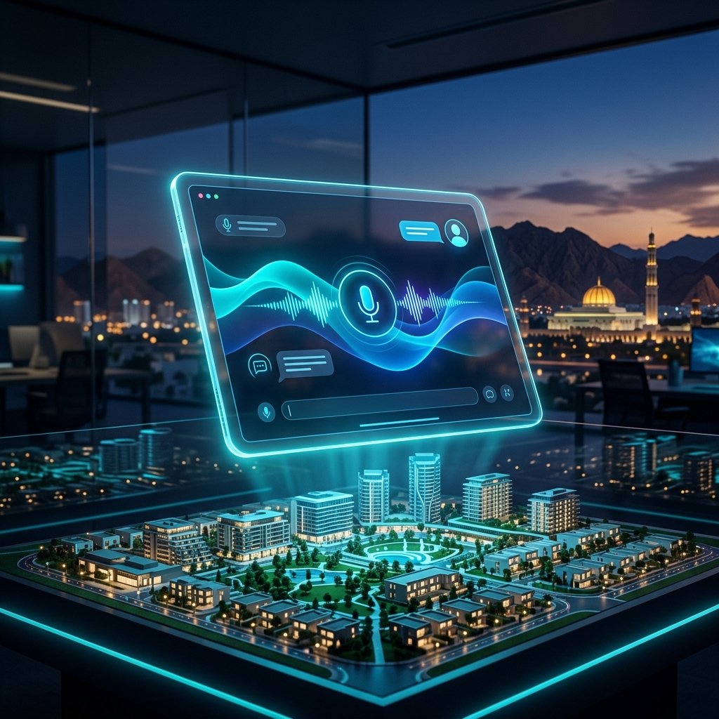 Futuristic AI tablet interface over a modern Muscat real estate development - Empowering AI Solutions by AI Profit Lab to scale your business operations.